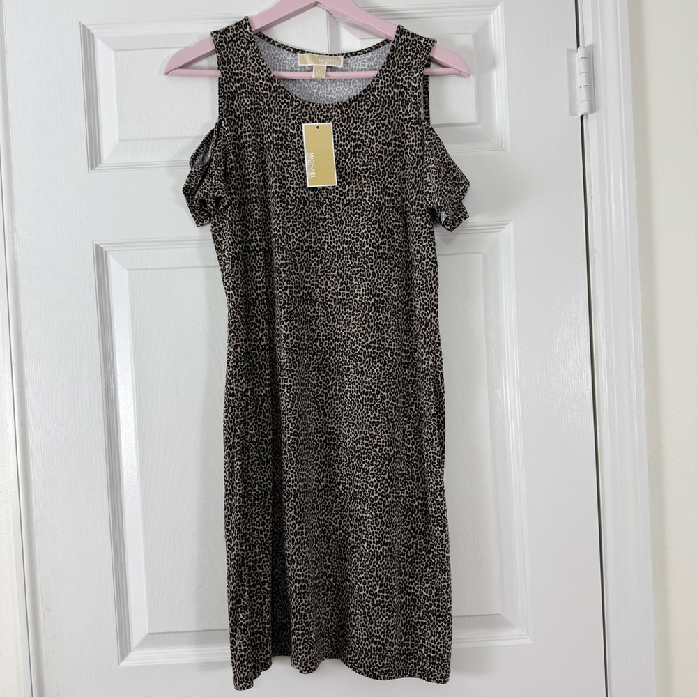 NEW Michael Kors Brown Leopard Print Cold Shoulder T-Shirt Dress Small